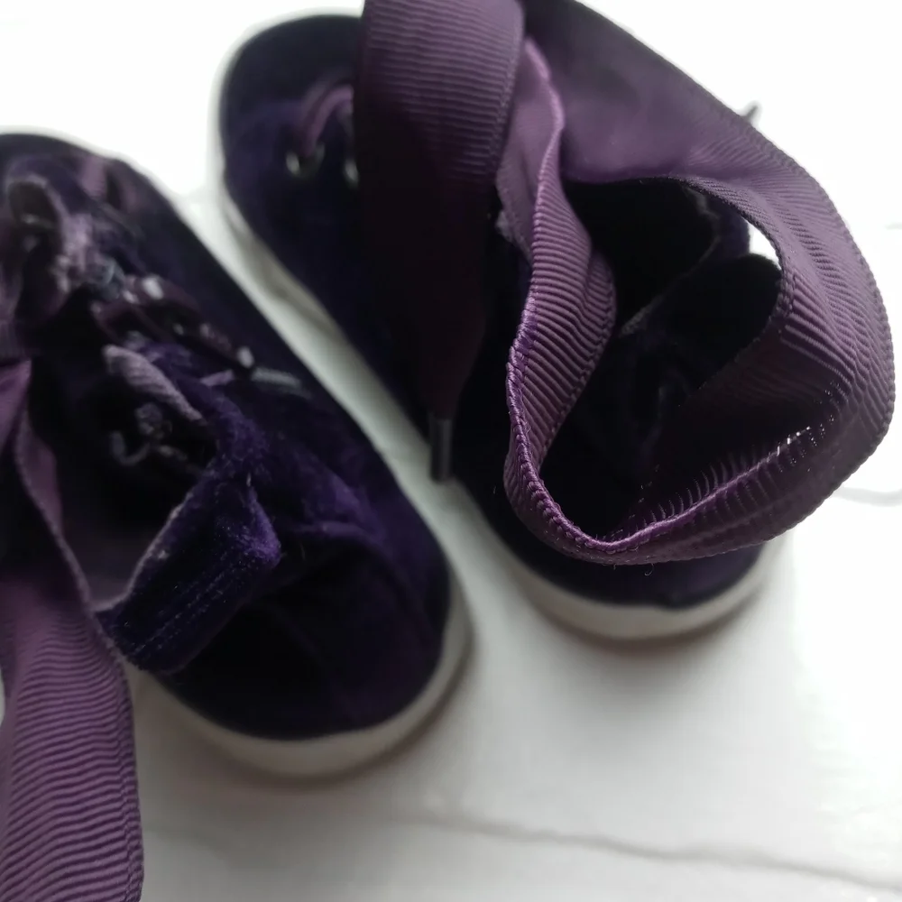 Cat & Jack girls size 8 dark purple velour uppers hi-top ribbon tie lace shoes